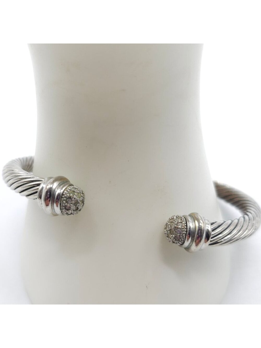 Silver Cable Cuff Bracelet With Rhinestone Ends Classic Sparkly Design